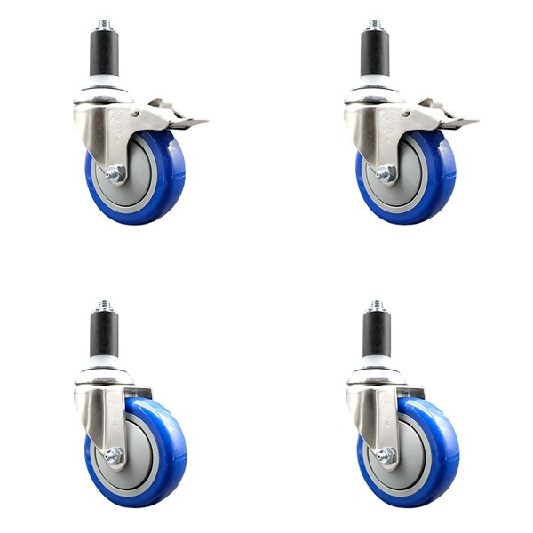 Service Caster 4 Inch 316SS Blue Poly Swivel 1-1/4 Inch Expanding Stem Caster Lock Brake, 2PK SS316TTLEX20S414-PPUB-BLUE-2-S-2-114 - main